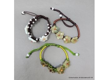 Three Carved Floral Jadeite Adjustable Bracelets