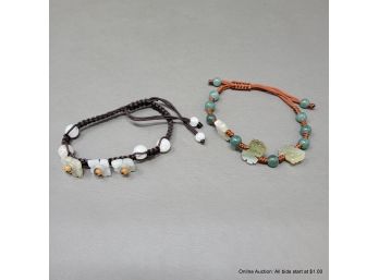 Two Carved Jadeite Beaded Adjustable Bracelets