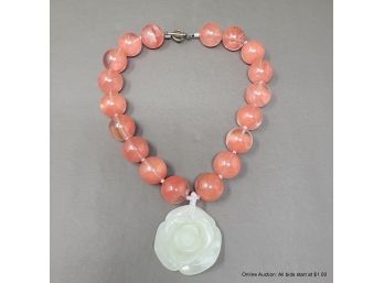 Pink Glass Beaded Necklace With Nephrite Jade Rose Pendant