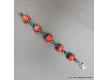 Sterling Silver And Coral Beaded 8 Inch Bracelet
