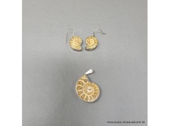 Fossil Ammonite Pendant And Earring Set