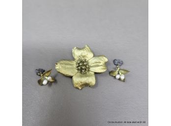 Dogwood Flower Pin And Pearl Leaf Pierced Post Back Earrings