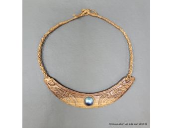 Carved Wood And Grass Choker Necklace With Blue Pearl