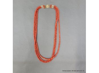 Red Coral Three Strand Necklace With Gold Tone Beads And Clasp Details