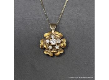 18K Yellow Gold & Diamond Flower Pendant On 14K Chain 6.10 Grams