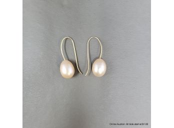 14k Yellow Gold And Pearl Fishhook Earrings