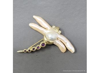 Custom 18K Yellow Gold & Freshwater Pearl Dragonfly Pin With Diamond And Amethyst Accents 17 Grams