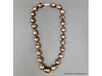 Copper Bronze Freshwater Baroque Pearl Necklace With 14K Yellow Gold Clasp