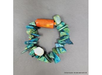 Chunky Turquoise And Orange Coral Elastic Bracelet