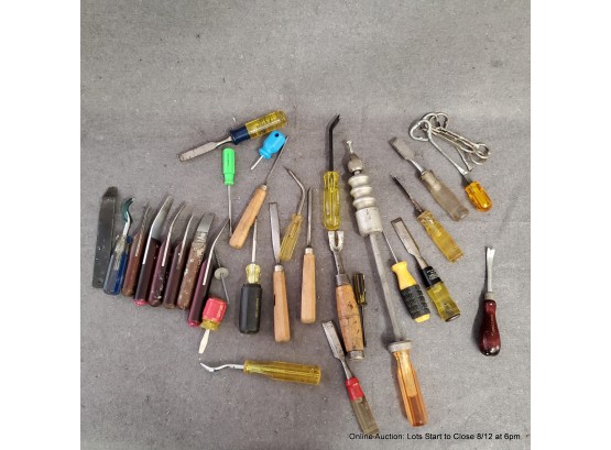 Large Lot Of Hand Tools: Chisels, Screw Drives, Dent Puller, Paint Keys Etc.