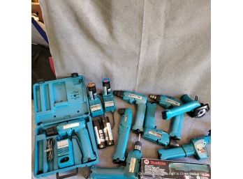 Large Lot Of Makita 9.6V Drill Drivers, Three Chargers, Trim Saw, Reciprocating Saw, 4 Batteries