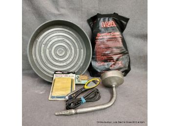 Jumper Cables, Oil Funnel, Two Fluid Catch Pans, Compass, Filter, Mirror