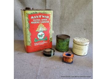 Assorted Advertising Tins With Contents: Clover Compund, Nokorode, Man O'war Marine Varnish