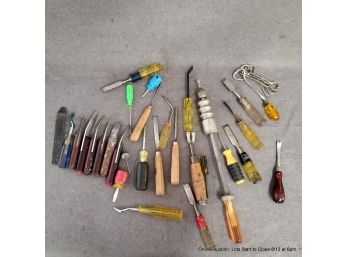 Large Lot Of Hand Tools: Chisels, Screw Drives, Dent Puller, Paint Keys Etc.