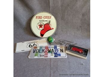 Fire-chief Gasoline Sign, Route 66 License Plate, Volkswagen License Plate, John Deer Steering Knob, Ford
