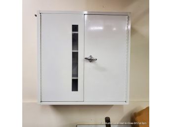 Locking Wall-Mounted White Metal Cabinet With Window