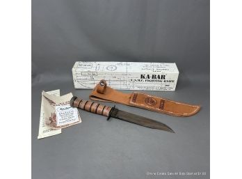 Ka-Bar USMC Fighting Knife With USMC Stamped Leather Sheath In Original Box