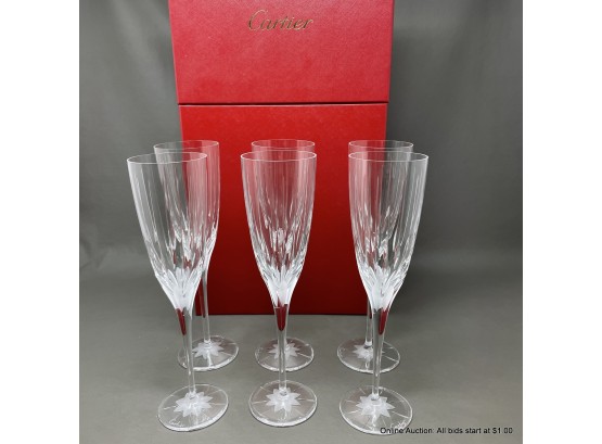 Six Cartier Crystal Champagne Flute Glasses