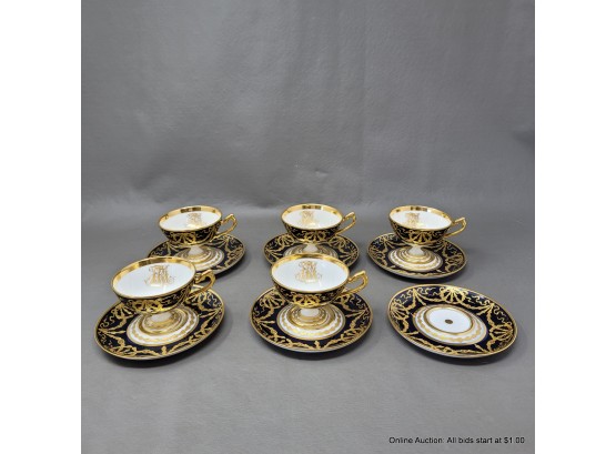 Dresden Porcelain Demitasse Cups (5) And Saucers (6) Gilt And Cobalt