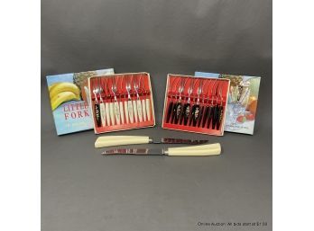 Two Plastic Handled Steak Knives & Two 12 Pc. Little Fork Sets