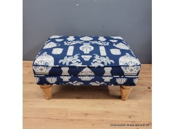 Blue And White Upholstered Ottoman With Pine Legs (Local Pickup Only)