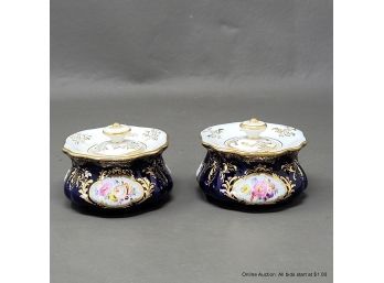 Pair Of Meissen Hand-Painted Lidded Gilt And Cobalt Ink Wells