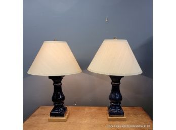 Two Glazed Stoneware Cobalt Table Lamps With Wood Mounts  (Local Pick Up Or UPS Store Ship Only)