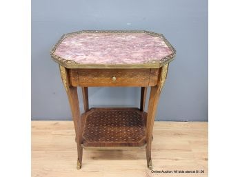 French Side Table Marble Top Marquetry Inlaid Single Drawer & Gallery Rail (Local Pickup Only)