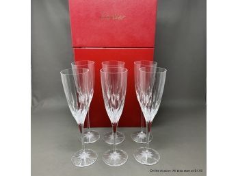 Six Cartier Crystal Champagne Flute Glasses