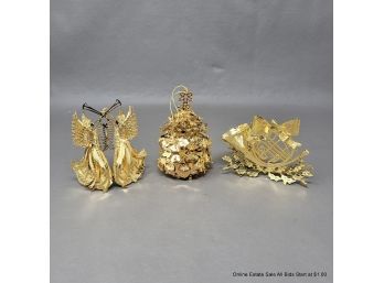Three Assorted Danbury Mint Gold Plated Christmas Ornaments