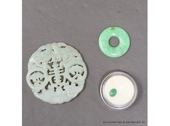 Three Pieces Of Jade White Pendant, Green Bi And Green Cabochon Natural Fissure To Bi