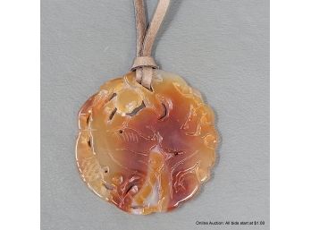 Carved Carnelian Stone Pendant Necklace On Leather Cord