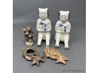 Chinese Cizhou Items Pair Of Boys, Monkey & Two Squid