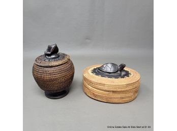 Two Indonesian Grass And Carved Wood Lidded Boxes