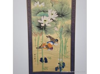 Large Old Chinese Scroll Depicting Lotus & A Pair Of Mandrin Ducks Signed With Box