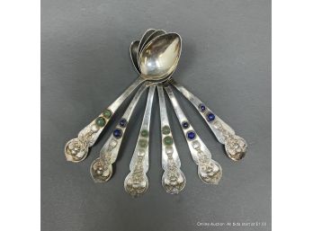 Six Chinese Bat Pattern Silver Spoons With Cabochons