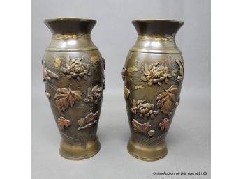 Pair Of Japanese Mixed Metal On Bronze Vases Meiji Period