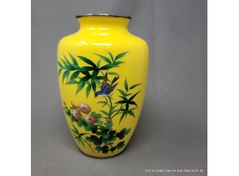 Old Japanese Yellow Ground Cloisonne Vase With Bamboo, Flowers & Bird