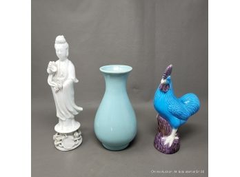Three Vintage Chinese Ceramics Rooster Guanyin & Pale Blue Vase