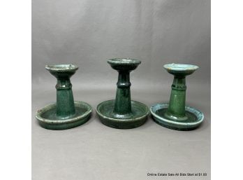 Three Qing Dynasty Glazed Ceramic Oil Lamps Or Joss Stick Holders Monochrome Green