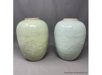 Pair Of  Antique Chinese Celadon Ginger Jars (Local Pickup Or UPS Store Ship Only)
