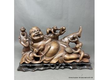 Large Chinese Qing Rosewood Laughing Buddha 19th Century