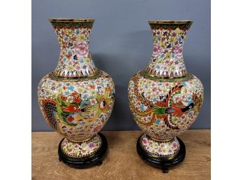 Two Large Twentieth Century Cloisonne  Vases With Wood Stands And Original Boxes