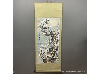 Large Chinese Scroll Hand-Painted Cherry Blossoms