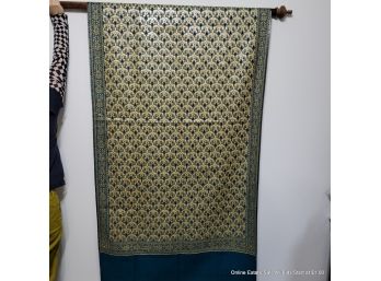Indian Teal Silk & Gold Metallic Thread Sari Fabric