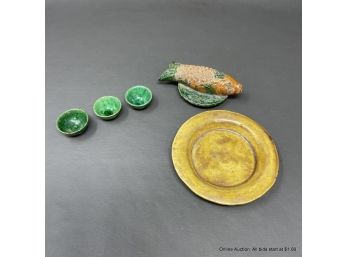 Chinese Liao Dynasty Ceramic Fish, Yellow Dish And Three Mini Green Cups
