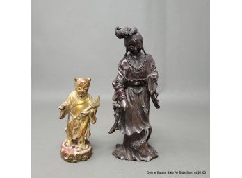 Two Fine Chinese Wood Figures Guanyin & Boy
