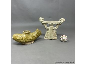 Chinese Ming Fish Water Dropper, Ceramic Bead And Miniature Robe Holder