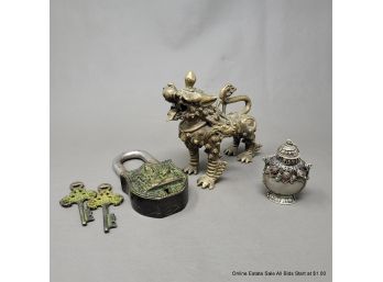 Old Tibetan Bronze Lock & Temple Dragon & Chinese Silver Snuff Bottle