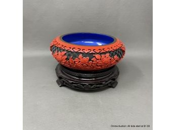 Carved Cinnabar Blue Enamel Brass Bowl